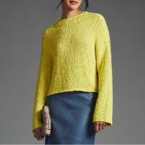 Anthropologie Yellow Chartreuse Chunky Knit Cotton Cropped Mock Neck Sweater